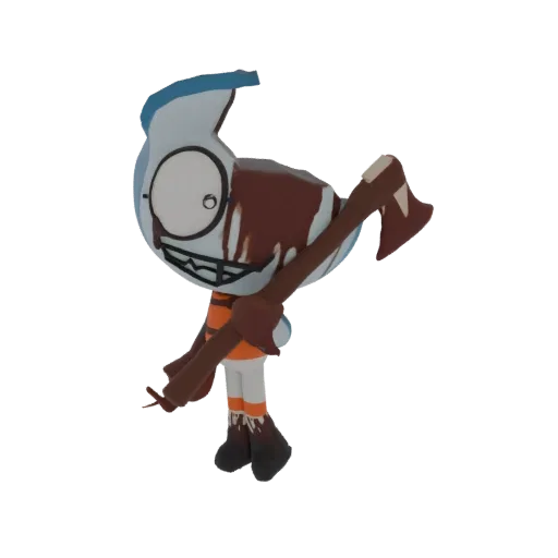 3D model of a creepy character with blood splatters and an axe, posed dynamically.