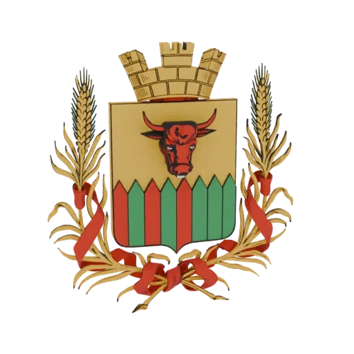 3D model of the Coat of Arms of Chita, featuring a red bull head, golden wheat stalks, and a golden battlement crown.