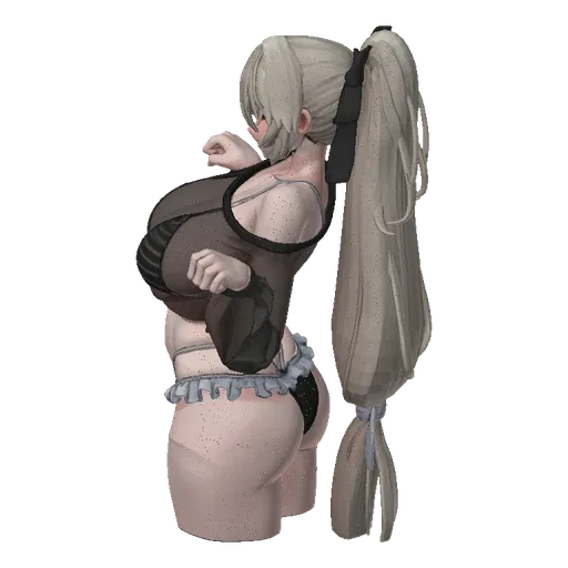 3D model of an anime girl with blonde hair and red eyes, wearing a sheer black top and striped lingerie, striking a playful p