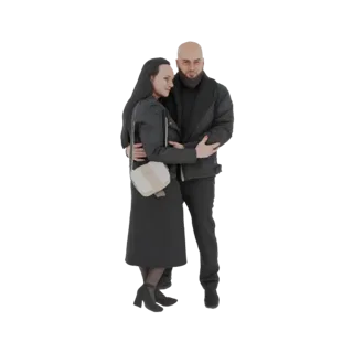 3D model of a couple embracing, both wearing black coats, with the woman holding a cream handbag.