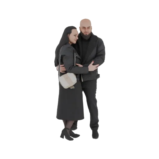 Modelo 3D de um casal abraçando-se, ambos usando casacos pretos, com a mulher segurando uma bolsa cor de creme.