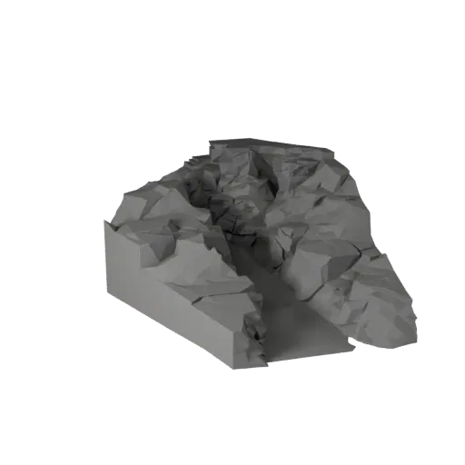 Rocky Canyon Pass Low Poly 3D model, game viewport three-quarter view, showing layered soil, dune ridges.
