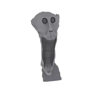 A 3D render of a gray, grotesque creature with a wide, screaming mouth and empty eye sockets, isolated on a white background.