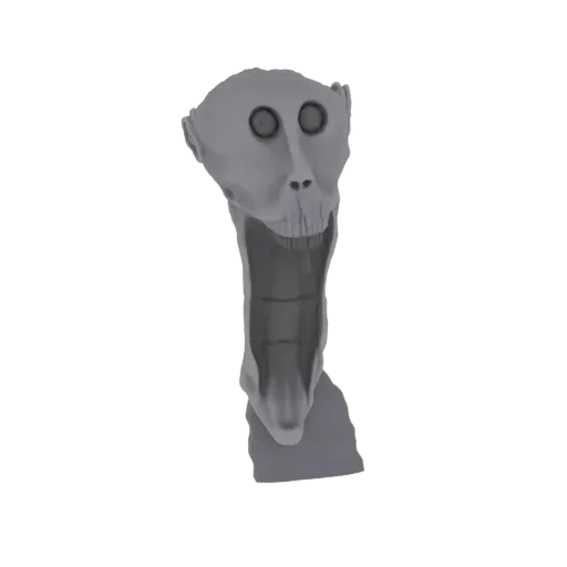 A 3D render of a gray, grotesque creature with a wide, screaming mouth and empty eye sockets, isolated on a white background.
