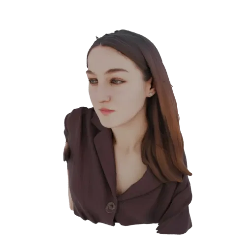 3D model of an elegant woman with long brown hair, wearing a brown blazer, looking to the side.