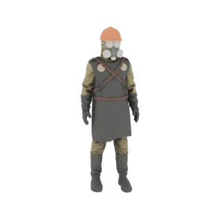 3D-Modell eines Hazmat-Arbeiters mit Gasmaske, Schutzanzug und orangefarbenem Schutzhelm, der vor einem weißen Hintergrund st