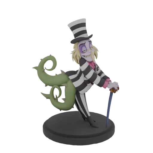 3D model of Beetlejuice in a striped suit, emerging from green, thorny tentacles, holding a cane.