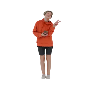 3D model of a young woman with short blonde hair, wearing an orange hoodie and grey shorts, holding a smartphone and making a