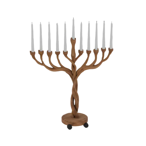 3D model of a wooden menorah with a twisted trunk and nine white candles, set against a white background.