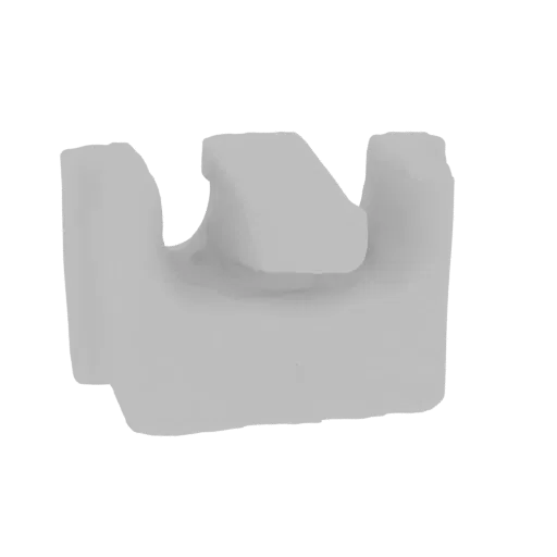 A 3D render of a white, abstract geometric bracket with sharp angles and a central cutout, isolated on a white background.