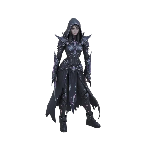 A 3D model of a dark sorceress wearing a hooded cloak and ornate armor with glowing pink accents, standing against a white ba