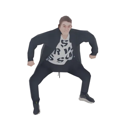 3D model of a man in a black jacket with an aggressive stance and intense facial expression, arms spread wide.