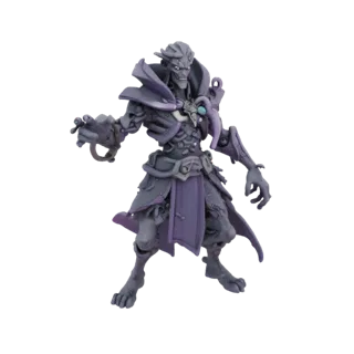 3D-Modell eines verzerrten Chaosmagiers in lila Roben, der in einer dynamischen Pose mit ausgestreckten Händen steht.
