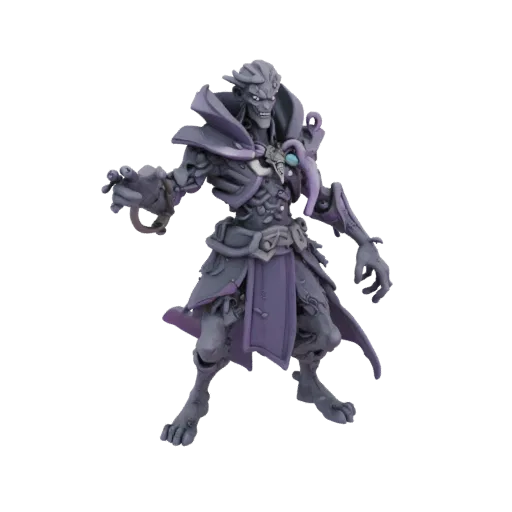 Modelo 3D de mago do caos distorcido em vestes púrpuras, em pé em pose dinâmica com as mãos estendidas.