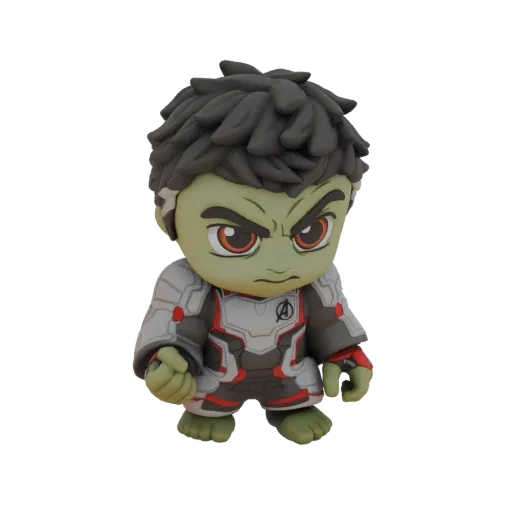 Modello 3D di un personaggio Chibi Hulk da Avengers Endgame, che indossa il costume Quantum Realm e ha un'espressione arrabbi
