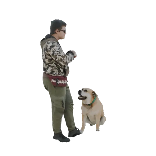 3D-Modell eines Jungen in Camouflage-Jacke trainiert sitzenden Hund