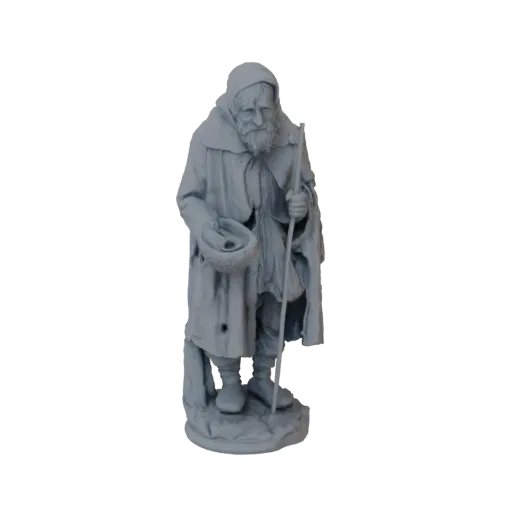 3D model of an ancient beggar figure with a hooded cloak, holding a staff and a begging bowl, against a white background.