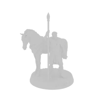 3D model of an ancient warrior in armor, holding a spear, standing next to a horse on a circular base.