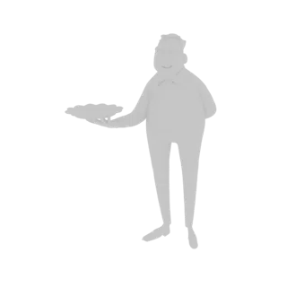 3D model of a cartoon waiter with a friendly smile, wearing a suit and bow tie, holding a tray filled with food.