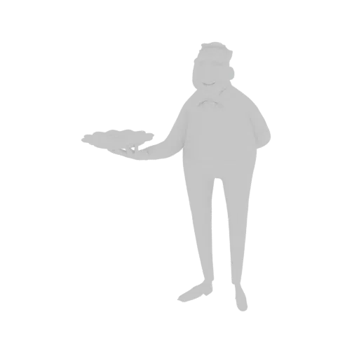 Modèle 3D d'un serveur cartoon avec un sourire amical, portant un costume et un nœud papillon, tenant un plateau rempli de no