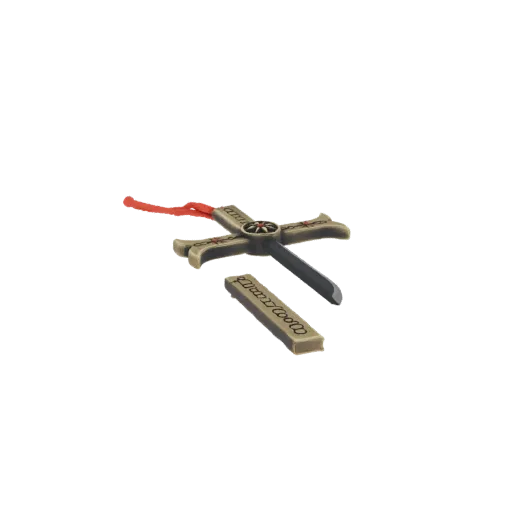 3D model of an ornate cross pendant with carved details and a red cord, shown with a separate carved bar.