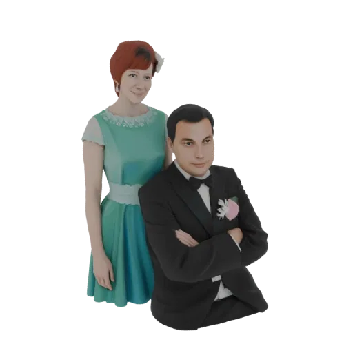 3D model of an elegant couple in formal attire, man in tuxedo, woman in teal dress, posed together.