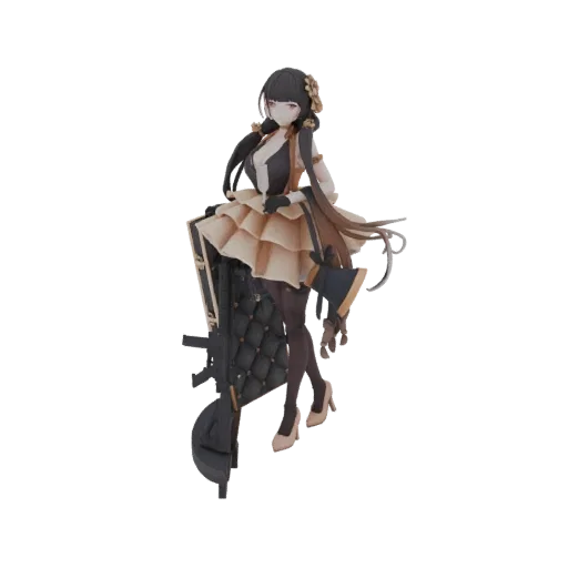 3D model of a detailed anime girl in a cream and brown outfit, holding a rifle next to a black tufted chair.