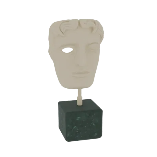 Modelo 3D del busto de la máscara BAFTA, una cara humana estilizada con un ojo abierto, montado sobre una base cuadrada con e