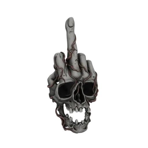 3D model of a stone-like skull forming a middle finger gesture, with brown vines wrapped around it.