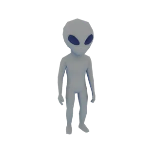A low-poly 3D model of a grey alien standing upright with large dark eyes, rendered against a white background.