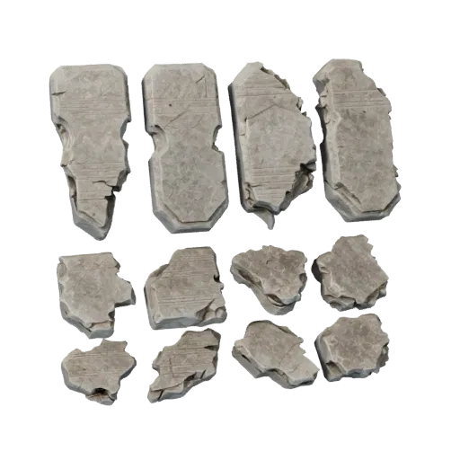 Ruined Stone Slab Scatter Realistic 3D model, three-quarter environment render, showing stratified stone, rock faces.