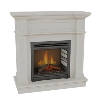 Modello 3D caminetto classico bianco con inserto fiamma realistico e legna, su sfondo nero.