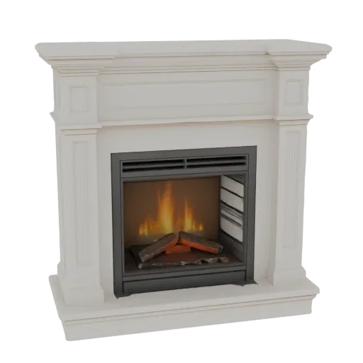 3D model of a classic white fireplace mantel with a realistic flame insert and logs, set against a black background.