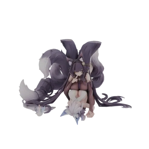 3D model of a nine-tailed fox spirit figure sitting gracefully with a smaller companion figure beneath her.