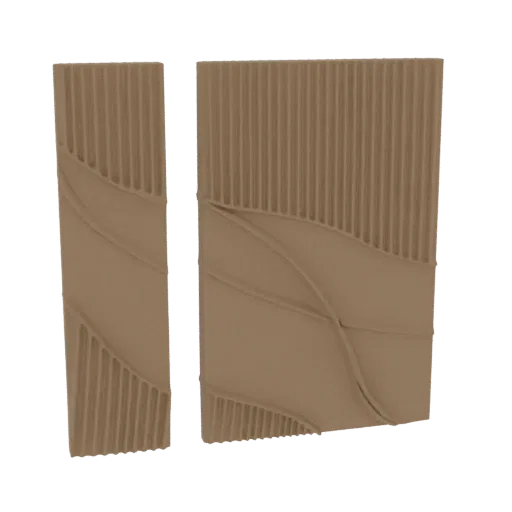 Un rendering 3D di due pannelli ondulati beige, uno alto e stretto, l'altro più largo e corto, entrambi con eleganti linee fl