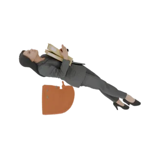 3D model of a businesswoman in a gray suit, floating with two manila folders, with an orange garment below her.