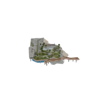 Terraced Hillside Park with Water Features
