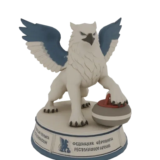 3D model of a white griffin with blue wings, gripping a curling stone on a decorative base.
