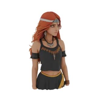 3D model of a Bohemian warrior woman with red hair, yellow eyes, and tribal attire, shown from the chest up.
