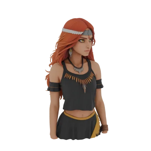 3D model of a Bohemian warrior woman with red hair, yellow eyes, and tribal attire, shown from the chest up.