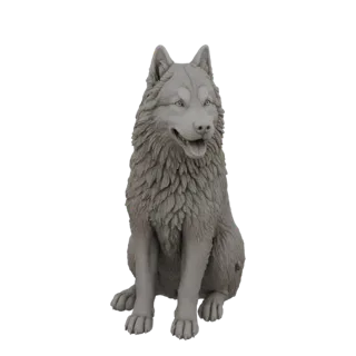 Modèle 3D d'un husky gris assis, gueule ouverte, texture de fourrure détaillée, fond blanc