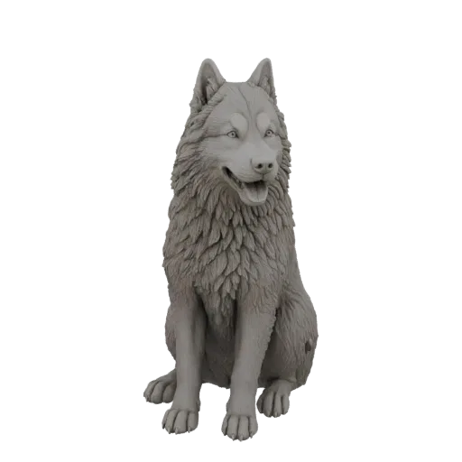 Modelo 3D de un perro husky gris sentado con la boca abierta, textura de pelaje detallada, fondo blanco