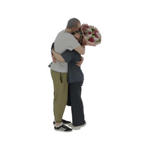 3D model of a man embracing a woman who holds a bouquet of roses, against a white background.