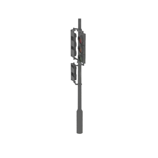 3D model of a gray traffic light pole with two signal heads, one showing a red light and the other a green light.