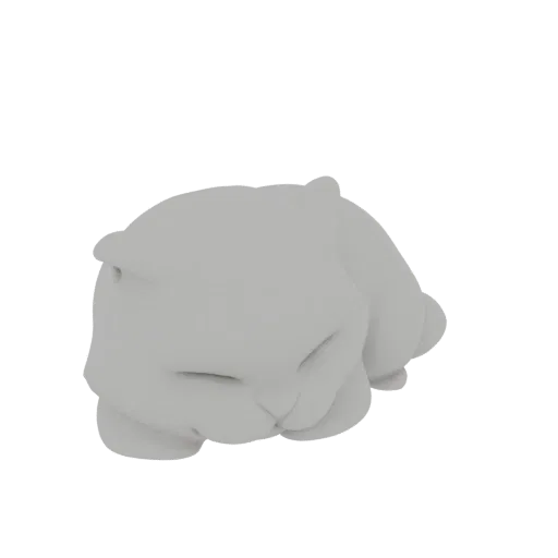 Un rendu 3D d'un chat dodu gris clair, enroulé et endormi, ressemblant à un coussin moelleux.