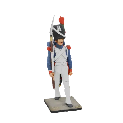Modèle 3D d'un soldat grenadier français en uniforme, tenant un mousquet, debout sur une base.