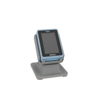 Rendering 3D di un terminale POS blu con supporto grigio, che mostra uno schermo vuoto.