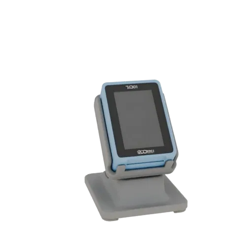 3D render of a blue Point of Sale (POS) terminal with a grey stand, displaying a blank screen.