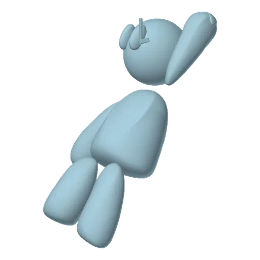 A light blue, stylized stick figure character hanging from a thin white line against a solid black background, rendered in 3D