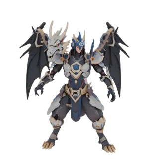 3D-Modell eines Fantasy-Drachenkriegers in detaillierter Rüstung mit Flügeln, in Kampfpose.